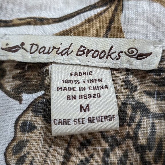 David Brooks white tan floral & foliage linen 3/4 sleeve button up M - Picture 6 of 7